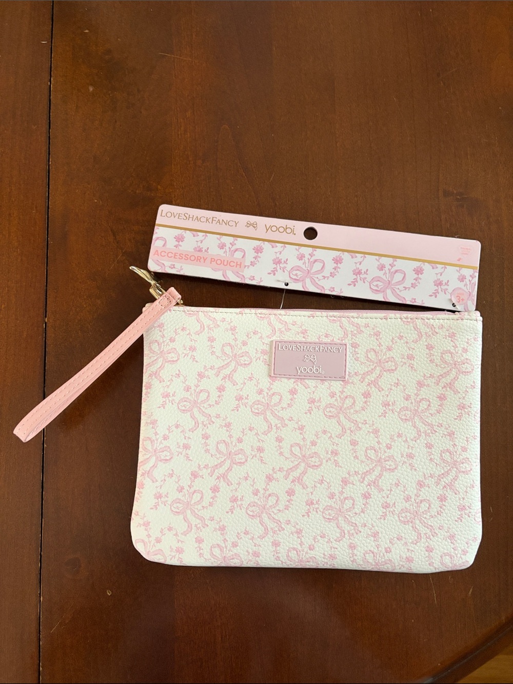 LoveShackFancy Pink Cream Floral Bow Wristlet Cosmetic Pouch